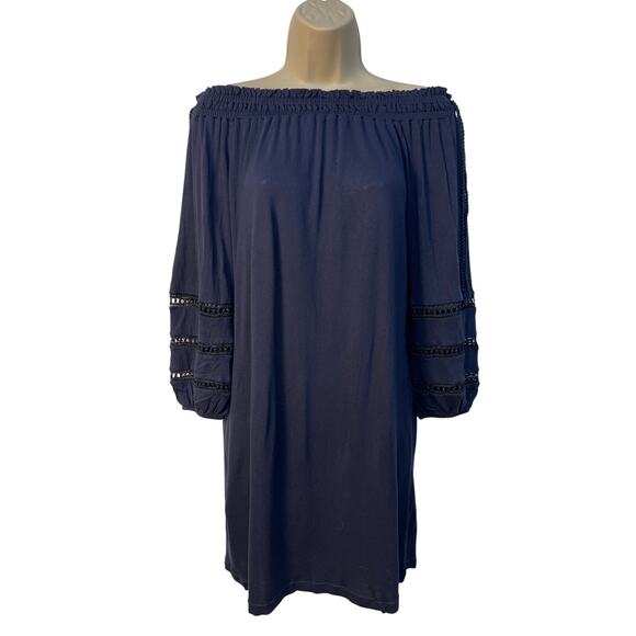 crown & ivy Dresses & Skirts - Crown & Ivy‎ Off Shoulder 3/4 Sleeve Mini Dress Elastic Cuffs Navy Blue Size XS